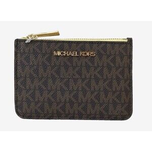 New Michael Kors Jet Set Travel small TZ coin pouch ID window Brown / Buttercup